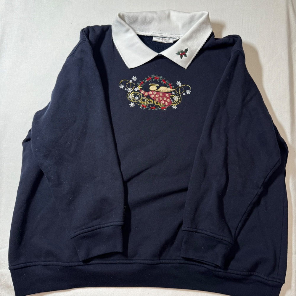 Hastings & Smith Women's 1X Navy Angel Christmas Embroidered Collared Sweatshirt